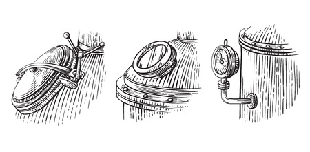 Vintage distillation apparatus sketch. Moonshining vector illustration distillation processのイラスト素材