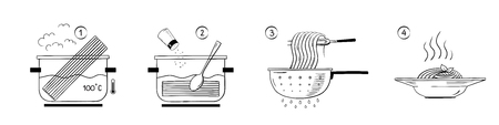 Steps how to cook pasta. Vector illustration.のイラスト素材