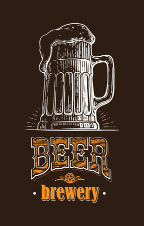 beer mug filled with beer. Vintage vector engraving sketch illustration for web, poster, invitation to party. Hand drawn design element isolated on black background.のイラスト素材