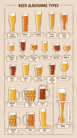 Beer types. A visual guide to types of beer. Various types of beer in recommended glasses. Vector illustrationのイラスト素材