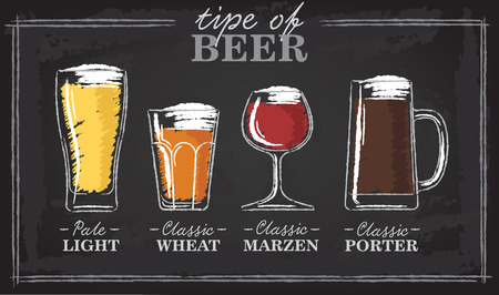 Beer types. A visual guide to types of beer. Various types of beer in recommended glasses. Vector illustrationのイラスト素材