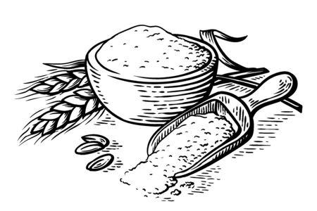 fresh flour wooden dish scoop on white background vector illustrationの写真素材
