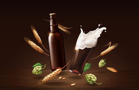 chin chin dark beer in glass cup and bottle with wheat and hops, refreshing drink with white foam in 3d illustration, splashing beer vector illustrationのイラスト素材