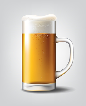 Beer Poster template for classic white beer ad package design. Vector glass cup with beer 3d illustrationのイラスト素材