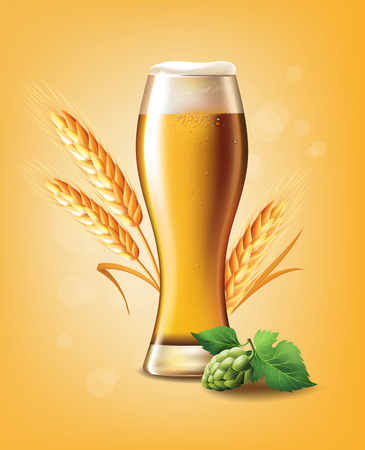 Beer Poster template for classic white beer ad package design. Vector glass cup with beer 3d illustrationのイラスト素材