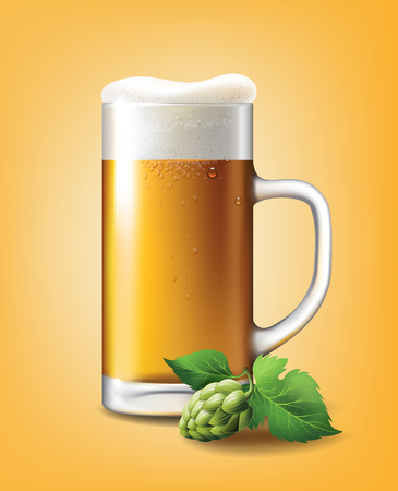 Beer Poster template for classic white beer ad package design. Vector glass cup with beer 3d illustrationのイラスト素材