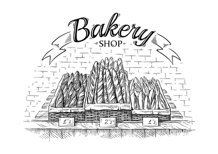 fresh baguettes in the wooden basket on showcase vector illustrationのイラスト素材