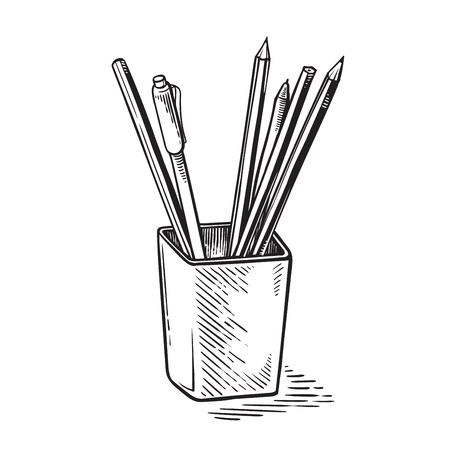 Office supplies, pens and pencils in cup vector illustrationのイラスト素材