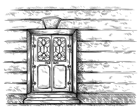 sketch hand drawn old double rectangular wooden door in wall vector illustrationのイラスト素材