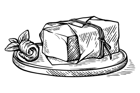 sketch hand drawn piece of butter wrapped in a paper wrapper on a wooden stand vector illustrationのイラスト素材