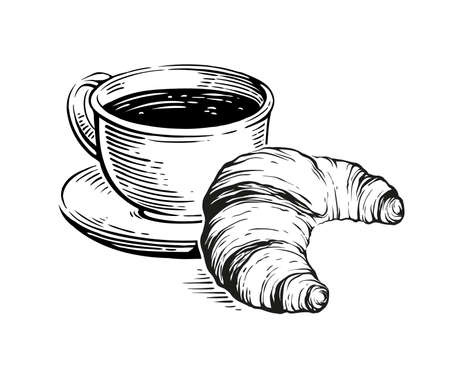 croissant coffee cup hand-drawn drawing crispy engraving retro styleのイラスト素材
