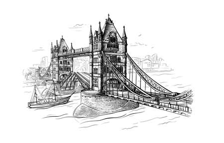 Tower Bridge with a floating ship hand-drawn engravingのイラスト素材