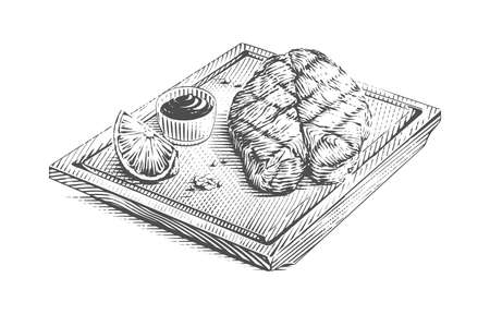 fish steak on cutting board hand drawing sketch engraving illustration styleのイラスト素材