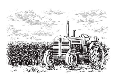 tractor on the field hand drawing sketch engraving illustration styleのイラスト素材