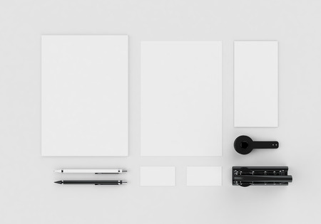 Base white stationery mock-up template for branding identity on gray background for graphic designers presentations and portfolios. Embossing stamp. 3D rendering.の写真素材