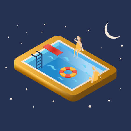 Isometric of water pool on which the girl and the man are sitting. People sit on the sides and look at the life buoy at night. Vector illustrationの写真素材