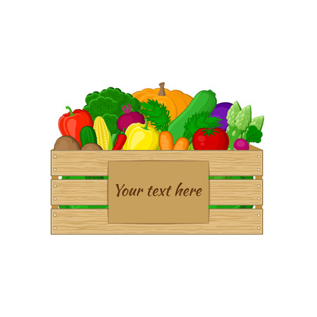 Vegetables in a wooden box with a sign for your text. Organic food illustration. Fresh vegetables from the farm. Natural, healthy food concept.のイラスト素材