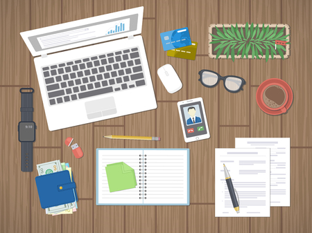 Workplace in office. Work in a team, Work activity. Office work equipment on a wooden table. View from above. Vector illustration.のイラスト素材