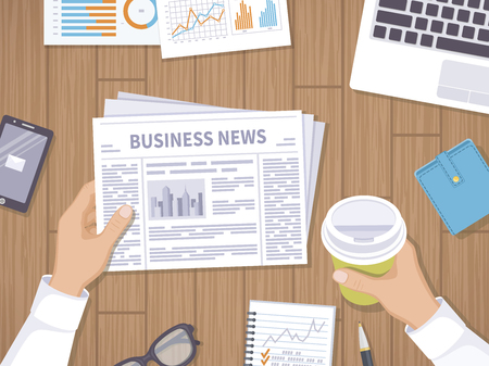 Business news. Businessman holding a newspaper and coffee to go on the wooden desktop. Coffee break, breakfast, lunch, documents, laptop, phone, purse, notebook. View from aboveのイラスト素材