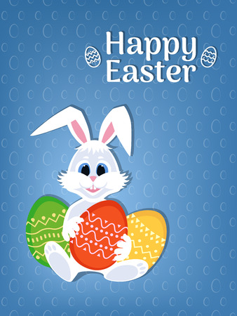 Happy Easter greeting card with eggs and rabbit. White cute Bunny with colorful eggs and Easter wording. Vector illustration.のイラスト素材