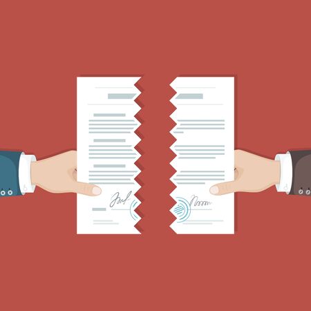 Contract termination concept. Two businessman hands tearing paper document apart. The end of agreement. Vector illustration in flat design for business, finance concept. View from aboveのイラスト素材