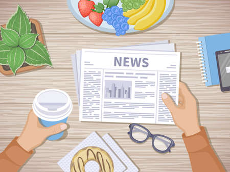 Man reading the latest news at breakfast. Human hands holding coffee to go and newspaper, phone, fruit, donut, glasses, pot. Good start in the morning before beginning the working day. Top view Vectorのイラスト素材