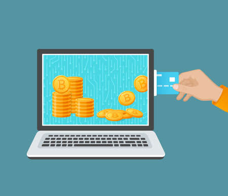 Bitcoin exchange concept. Cryptocurrency Capitalizations. A man's hand with a credit card, leptop and bitcoins. Purchase of digital virtual electronic coins. Vectorのイラスト素材