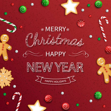 Merry Christmas and Happy New Year Greeting card. lettering with sweets, cookie, lollipops, candy...