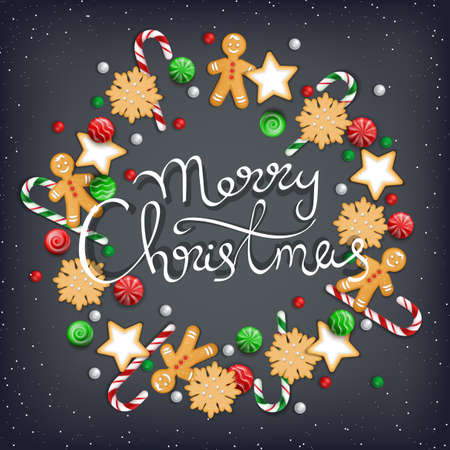 Merry Christmas Hand Drawn Lettering. Wreath of sweets, biscuit, cookie, lollipops, candies, candy cane, gingerbread Man on a black table. For web or printing Top View Vectorのイラスト素材