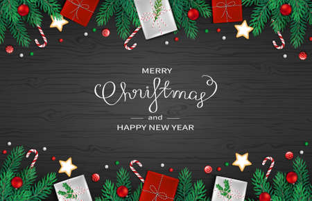 Merry Christmas and Happy New Year horizontal Web Banner Template. Festive Decoration with fir branches, gifts, candy cane, lollipops, balls on black wooden background. Vector Illustration.