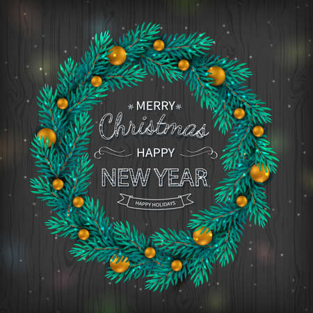 Christmas wreath with gold balls decorations, calligraphic logo on black wooden background. Holiday background. Vector Illustration.のイラスト素材