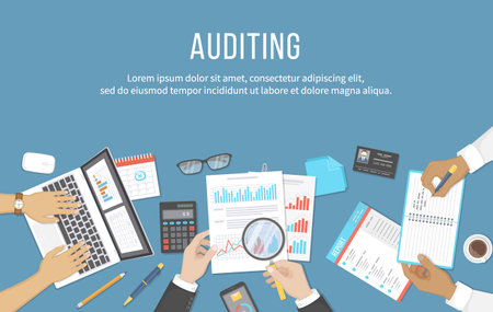 Business meeting, audit, calculation, data analysis, reporting, accounting. People at the desk at work. Human hands on a table with documents, graphs, charts, notebook, phone, laptのイラスト素材