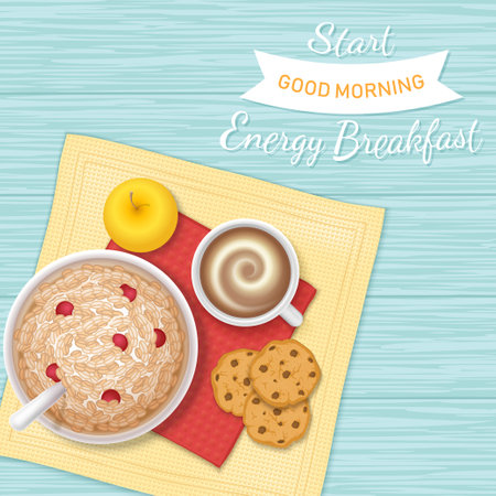 Energy Breakfast. Let's start a good morning. Closeup of oatmeal Porridge with berries, chocolate biscuits, coffee with foam, apple on a napkin and wooden table. Top view. Vector iのイラスト素材