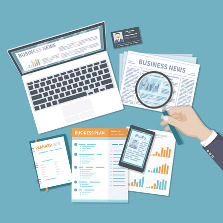 Business finance analytics, investment planning, information, consulting, management, analysis. Newspaper, online news on the screen of a laptop, phone. Business plan document. Topのイラスト素材