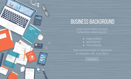 Business Workplace Desktop background. Top view of table, laptop, folder, documents, notepad, business card, purse, calendar, headphones, books, coffee, crumpled paper. Place for youのイラスト素材