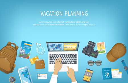 Vacation planning, packing Check List, reservation, booking a hotel. Preparing for travel, journey, trip. Table with baggage, air ticket, passport, ID card, wallet, guidebook, cameのイラスト素材
