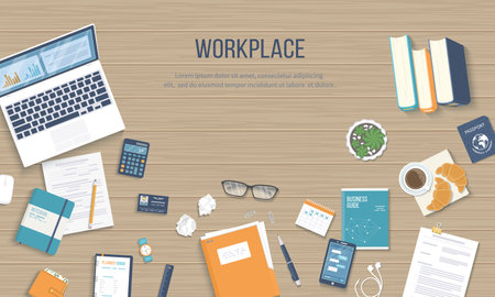 Workplace background. Top view of a wooden table with laptop, books, documents, folder, notepad, calculator, calendar, passport, business card. Vector illustrationのイラスト素材