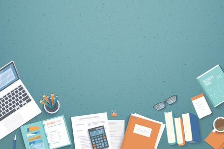 Business Workplace Desktop background. Top view of table, laptop, folder, documents, notepad, planner, books, glasses, notes, calculator, coffee. Place for text. Vector Top viewのイラスト素材