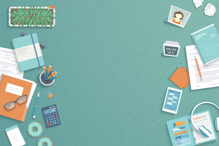 Workplace Desktop background. Top view of table, folder, documents, notepad, planner, books,...