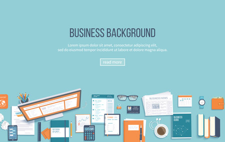 Workplace business background. Top view of office supplies monitor, folder, documents, notepad, books, purse, calendar, calculator, coffee, passport. Place for text. Vector Top viewのイラスト素材