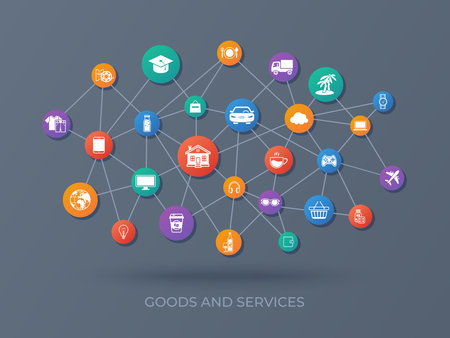 Goods and services. Icons set. Payment of goods, services, utility, restaurant. Shopping, marketing, delivery. Vector illustrationのイラスト素材