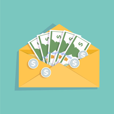 Open yellow envelope with cash money and silver coins. Salary, money payroll, income, salary survey. Isolated paper envelope with shadow. Cash dollar banknotes icon flat design.のイラスト素材