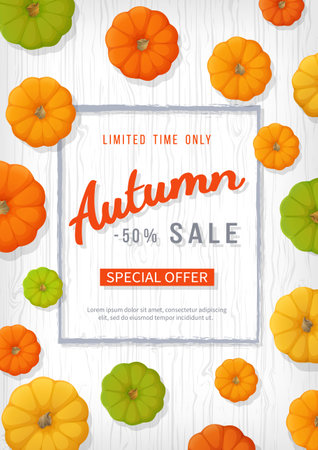Autumn sale background. Vertical banner flyer in a rectangular frame with colored pumpkins on a white wooden table. Special seasonal offer, discount. Vector illustration. Top viewのイラスト素材