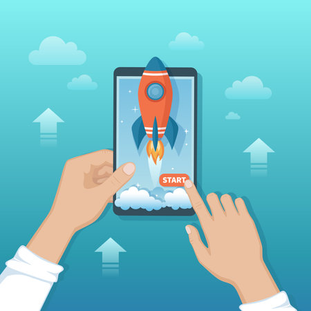 Smartphone with launch rocket startup from the screen. Phone with mobile application in the hands. Business planning idea of successful project start up, boost technology, innovatiのイラスト素材