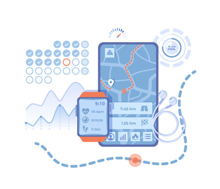 Smart training workout for sport fitness. Fitness tracker app graphic user interface for smartwatch and mobile phone. Smartphone synchronization with watch. Vector illustration onのイラスト素材