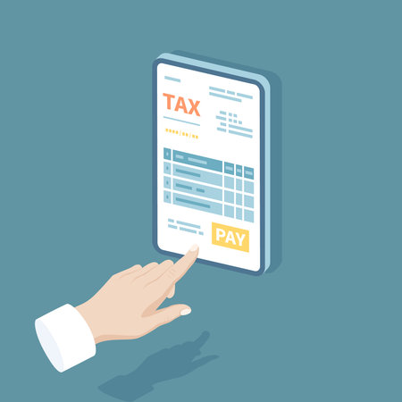 Online tax payment via phone. Mobile phone with tax form on screen. Man finger presses the pay button. Internet banking concept. Online paying, bookkeeping, accounting Isometric 3dのイラスト素材