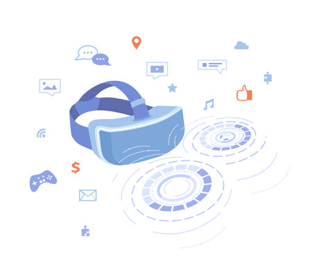 Virtual Augmented Reality Glasses, VR concept, applications. Headset with hologram.Virtual reality games, education, communication, simulation. Future innovation technology. illustのイラスト素材
