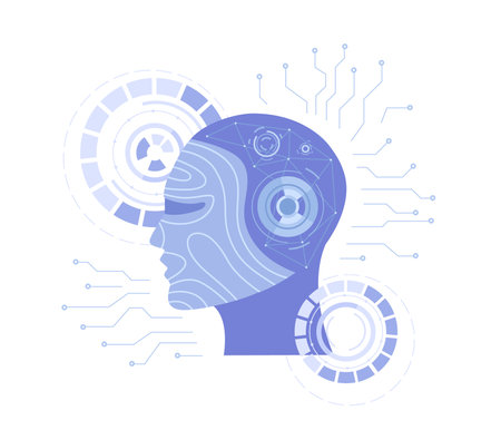 Artificial Intelligence AI, Future technology, Digital brain, Machine learning, Data mining. Robot head with a human face, brain with digital circuit, neural networks. Vector illusのイラスト素材