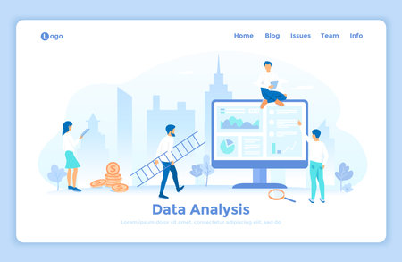 Data Analysis, Accounting, Analytics, Report, Research, Planning. Charts, diagrams, graphs on the monitor screen. landing web page design template decorated with people characters.のイラスト素材