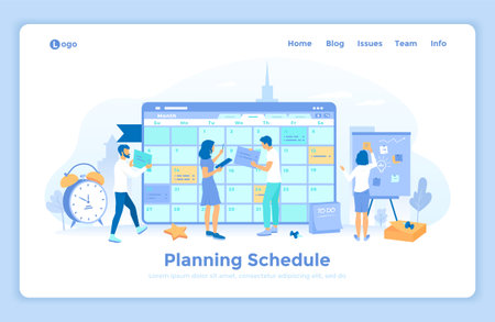 Planning schedule. Online web page interface planner, organizer, calendar, project plan. People work together filling out the schedule, set tasks and reminders. landing web pageのイラスト素材